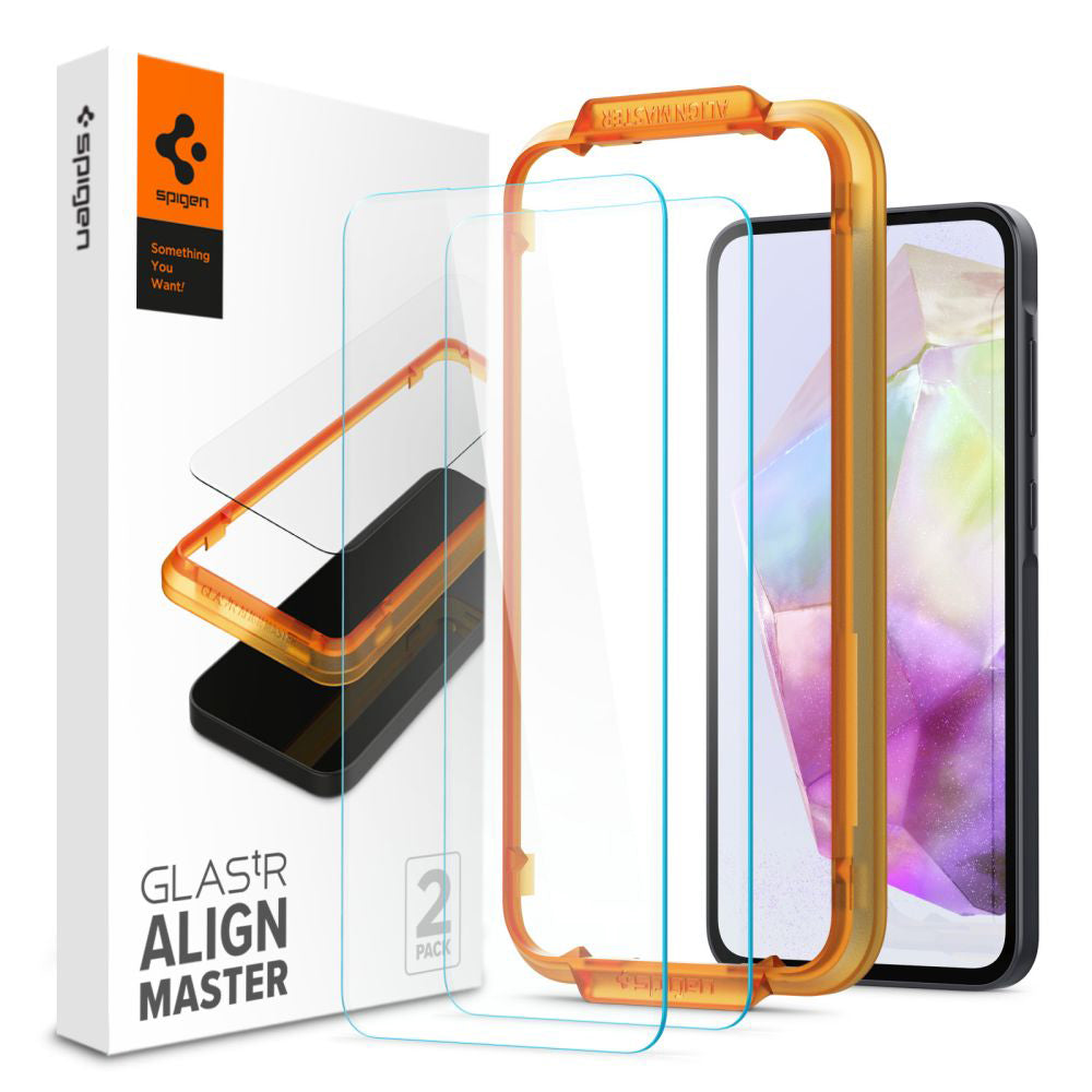 Protector de pantalla Spigen GlastR Align Master para Samsung Galaxy M35 / A35 5G A356, Cristal Templado, Full Glue, Set de 2 piezas AGL07772