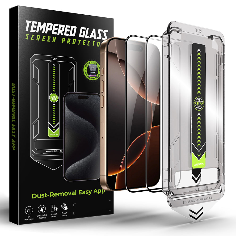 Protector de pantalla Techsuit TitanGlass para Apple iPhone 17 / 16 Pro, Cristal Templado, Full Glue, Set de 2 piezas, Negro.