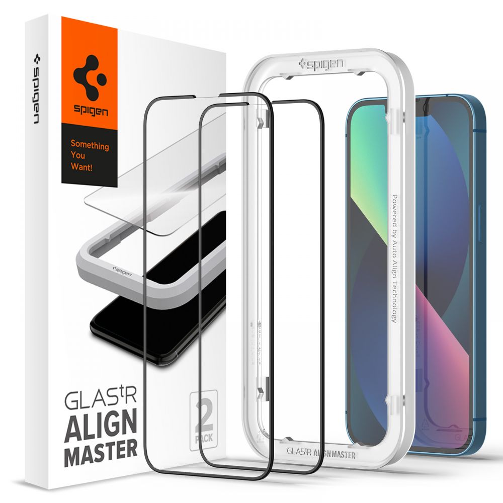 Protector de pantalla Spigen GlastR Align Master para Apple iPhone 16e / 14, Cristal Templado, Adhesivo Completo, Set de 2 piezas, Negro AGL03387