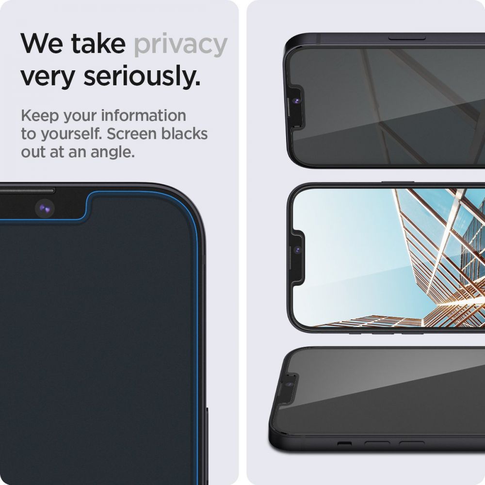 Protector de pantalla Privacy Spigen GlastR EZ FIT para Apple iPhone 17e / 16e / 14 / 13 Pro, vidrio templado, adhesivo completo, set de 2 piezas AGL03388