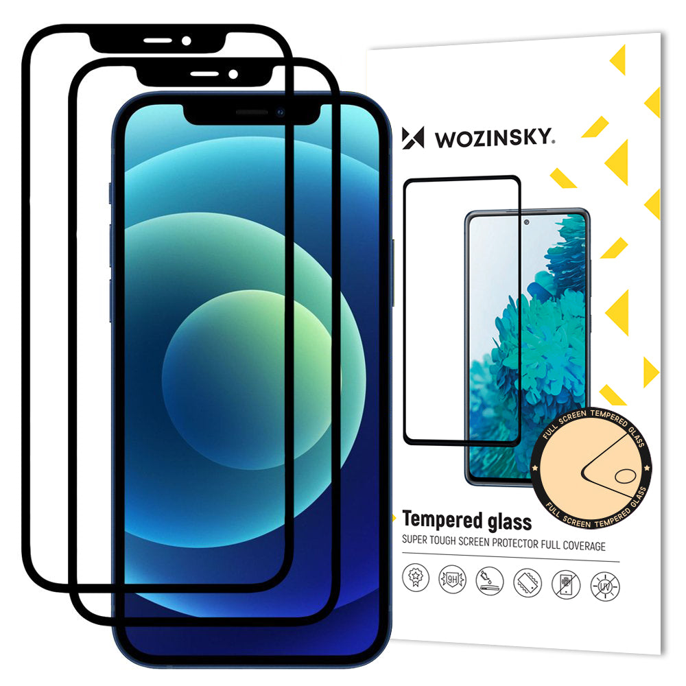 Protector de pantalla WZK para Apple iPhone 12 / 12 Pro, vidrio templado, adhesivo completo, set de 2 piezas, compatible con funda, negro