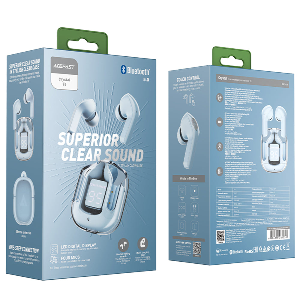 Manos libres Bluetooth Acefast T6, TWS, Azul