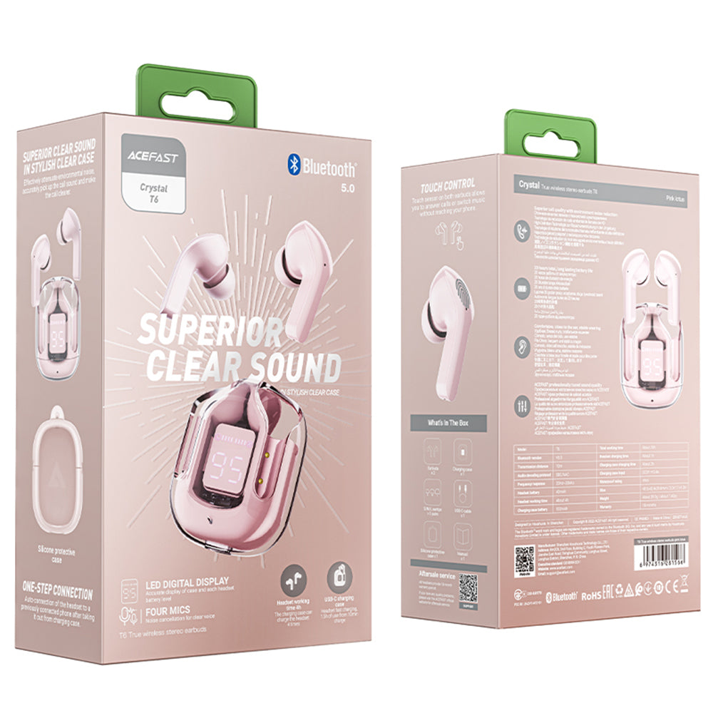 Manos libres Bluetooth Acefast T6, TWS, Rosa