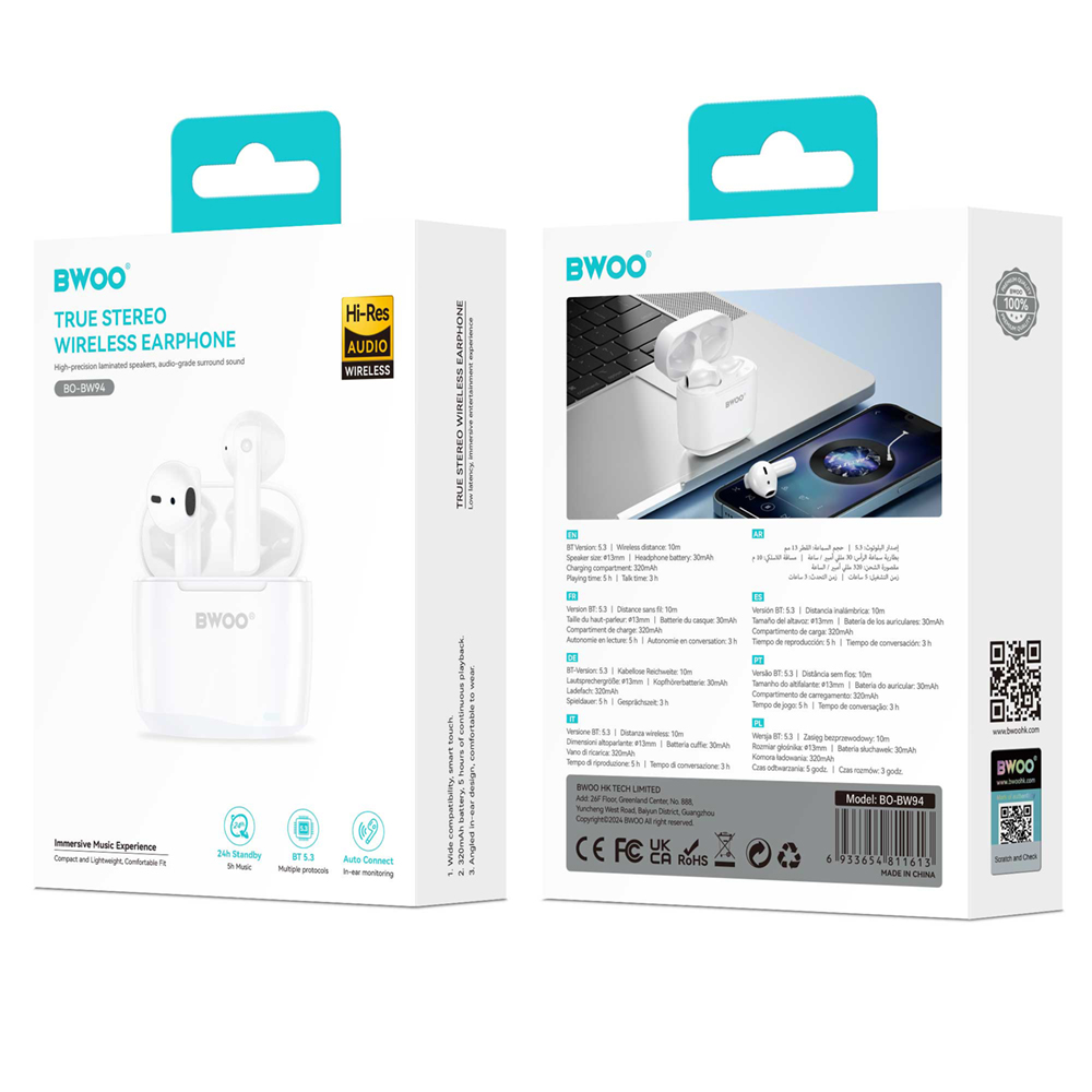 Manos libres Bluetooth BWOO BW94, TWS, Blanco