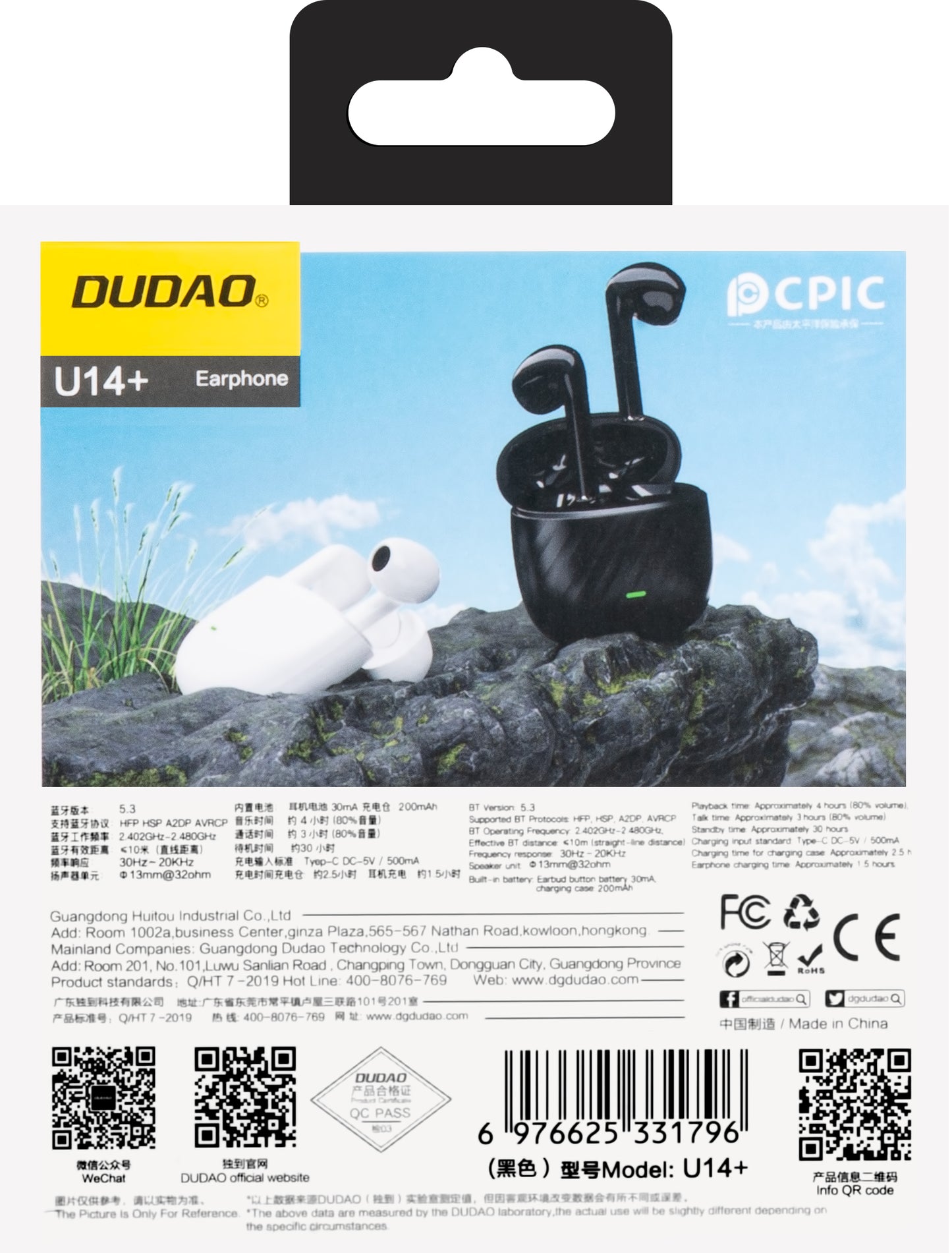 Handsfree Bluetooth Dudao U14+, TWS, Negro