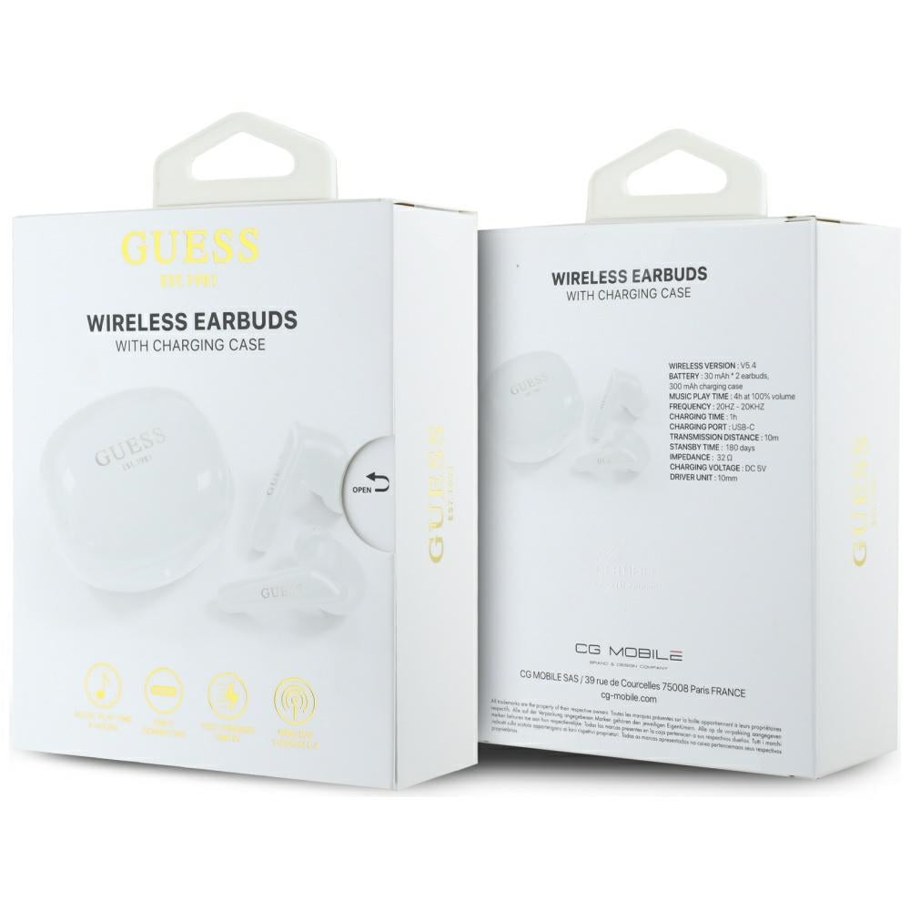 Handsfree Bluetooth Guess Flat Classic Logo Electroplated, TWS, Blanco