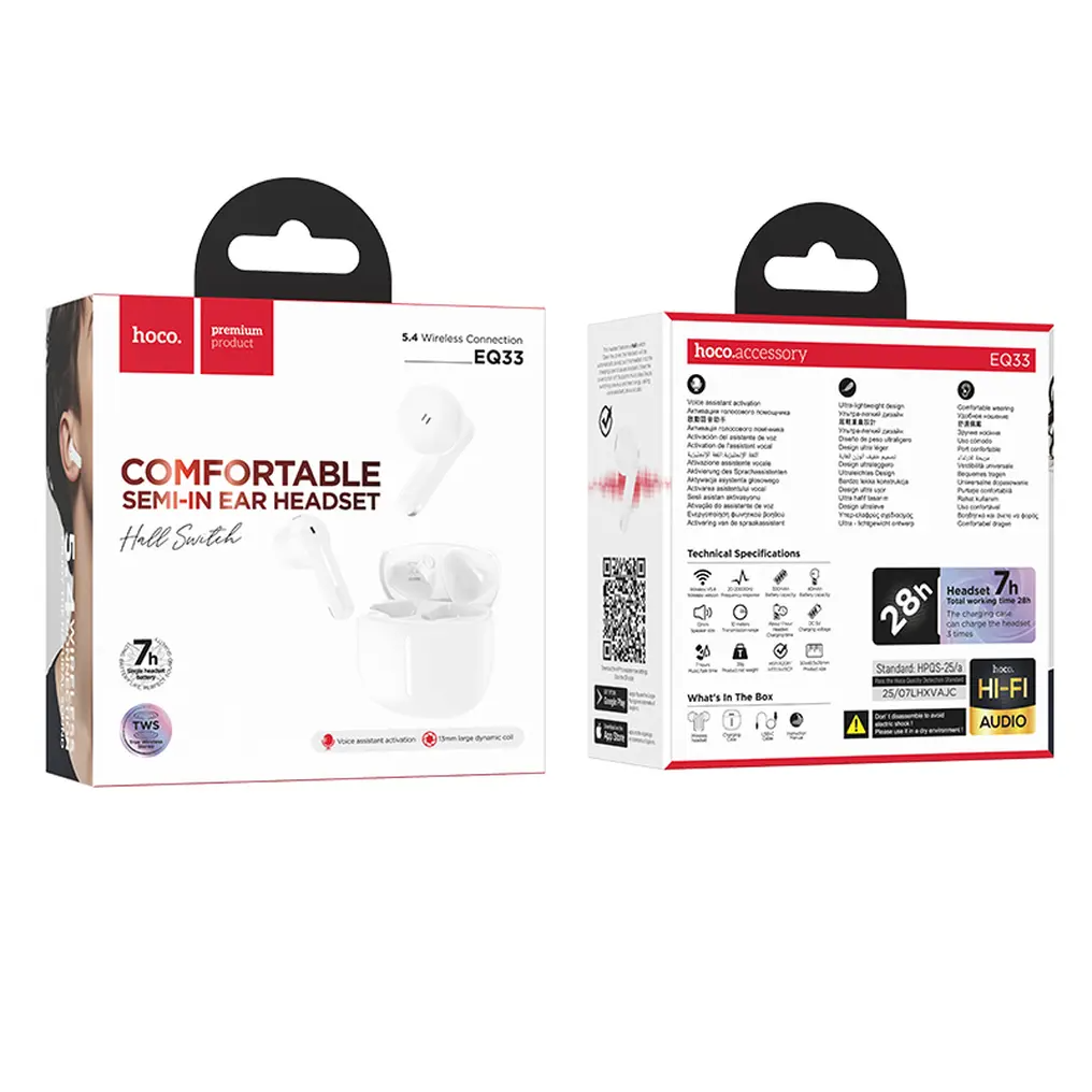 Manos libres Bluetooth HOCO EQ33, TWS, Blanco