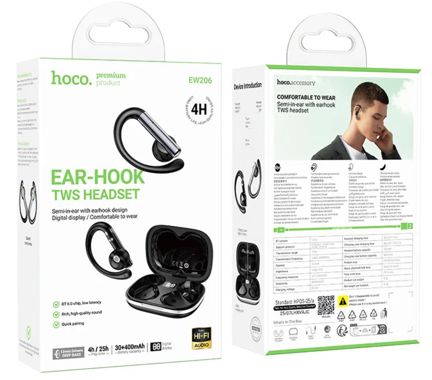 Manos libres Bluetooth HOCO EW206, TWS, Negro