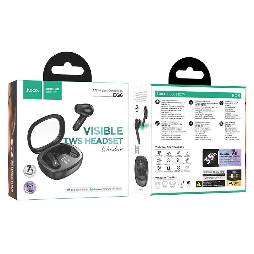 Manos libres Bluetooth HOCO Shadow EQ6, TWS, Negro