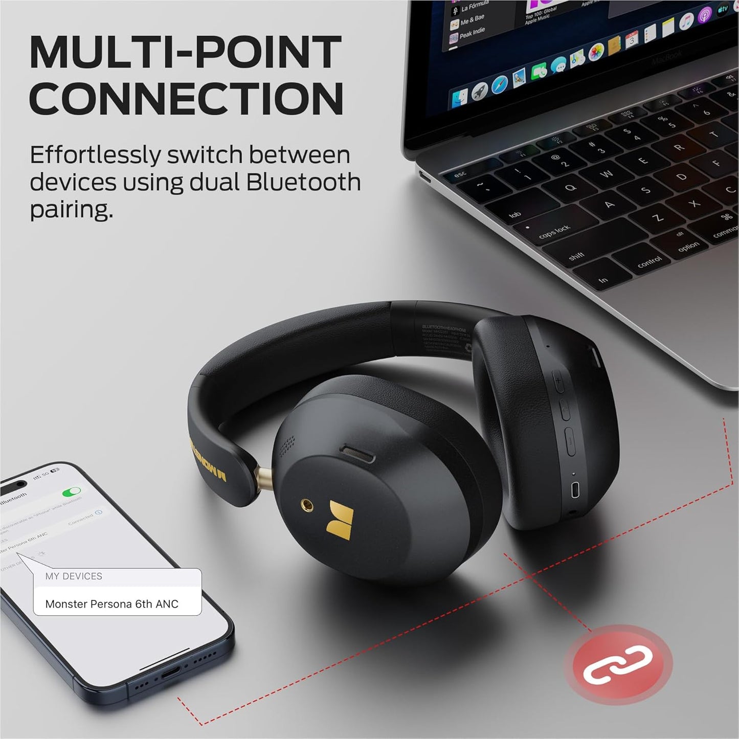 Manos libres Bluetooth Monster Persona 6th, MultiPoint, A2DP, ANC, Negro