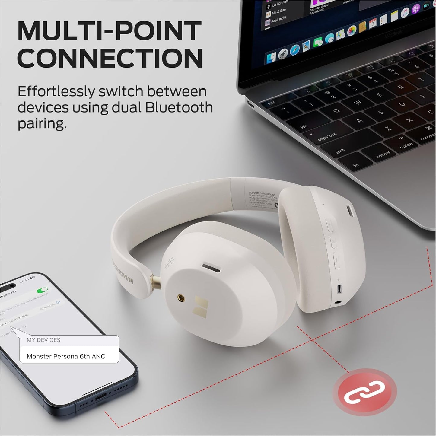 Manos libres Bluetooth Monster Persona 6th, MultiPoint, A2DP, ANC, Blanco