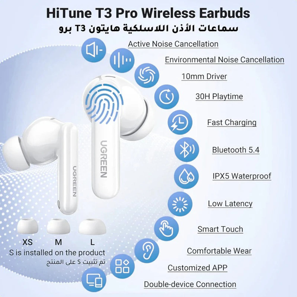 Manos libres Bluetooth UGREEN HiTune T3 Pro WS206, TWS, ANC, MultiPoint, Blanco