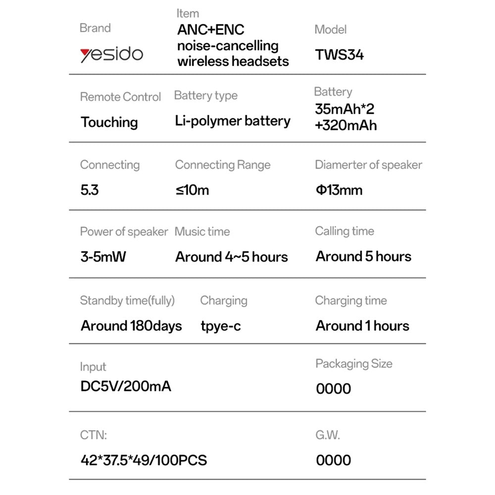 Manos libres Bluetooth Yesido TWS34, TWS, ANC, Blanco