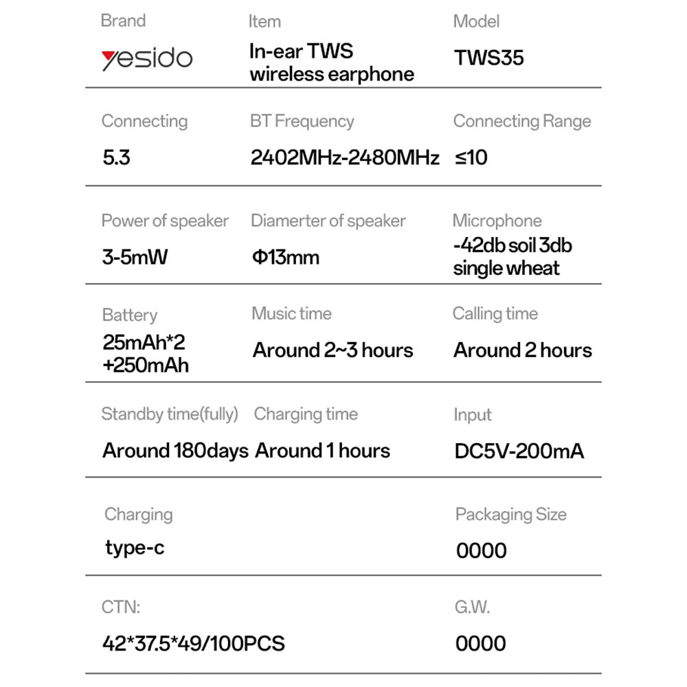 Handsfree Bluetooth Yesido TWS35, TWS, Blanco