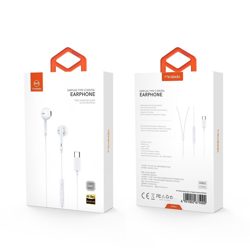 Handsfree USB-C McDodo HP-7500, Blanco