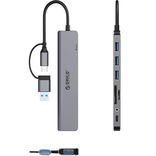 Hub USB / USB-C Orico YSA8-U3, 1 x USB-A 3.0 - 3 x USB-A - 1 x USB-C - 1 x Jack 3.5mm - 1 x SD - 1 x microSD, Negro