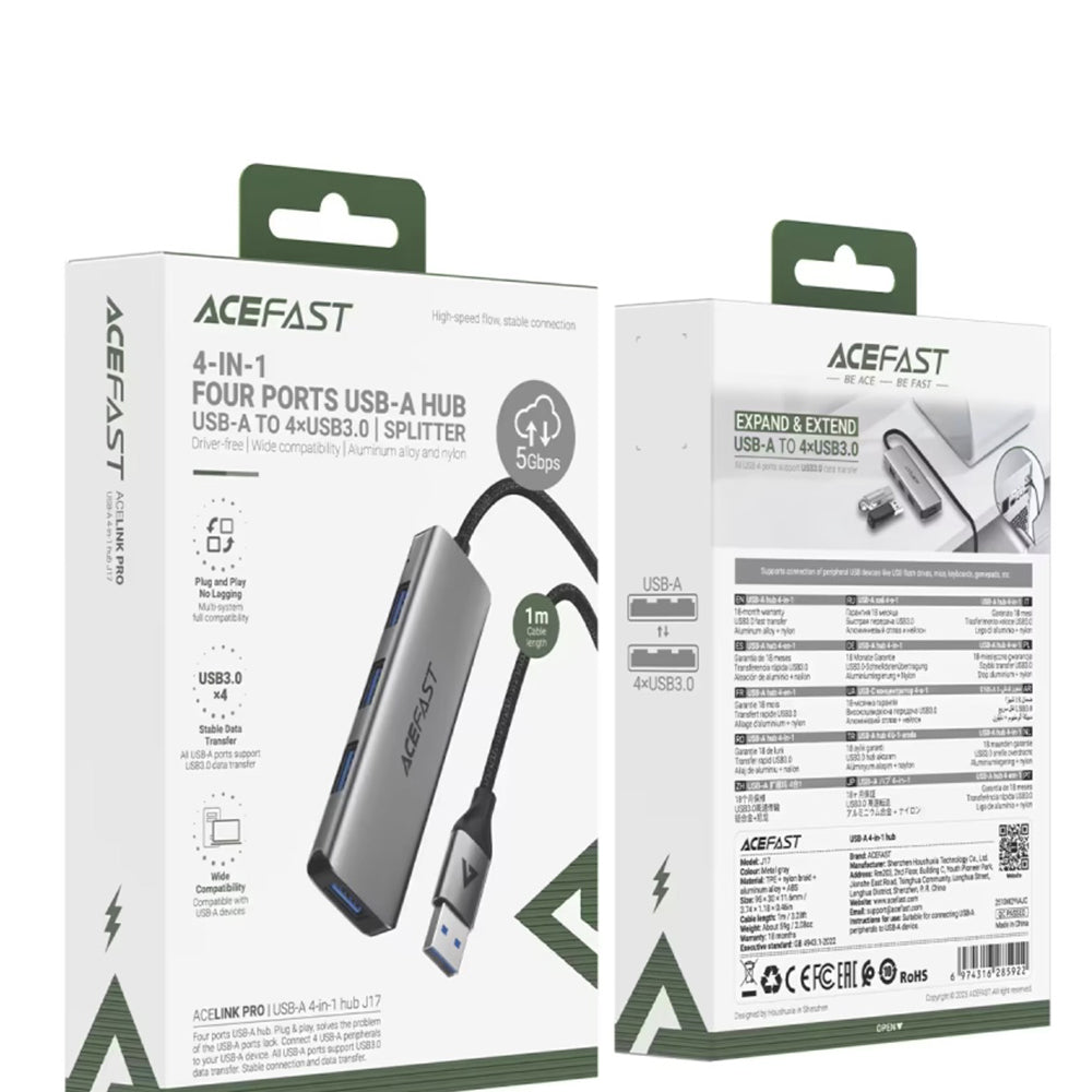 Hub USB Acefast J17, 4 en 1, Gris