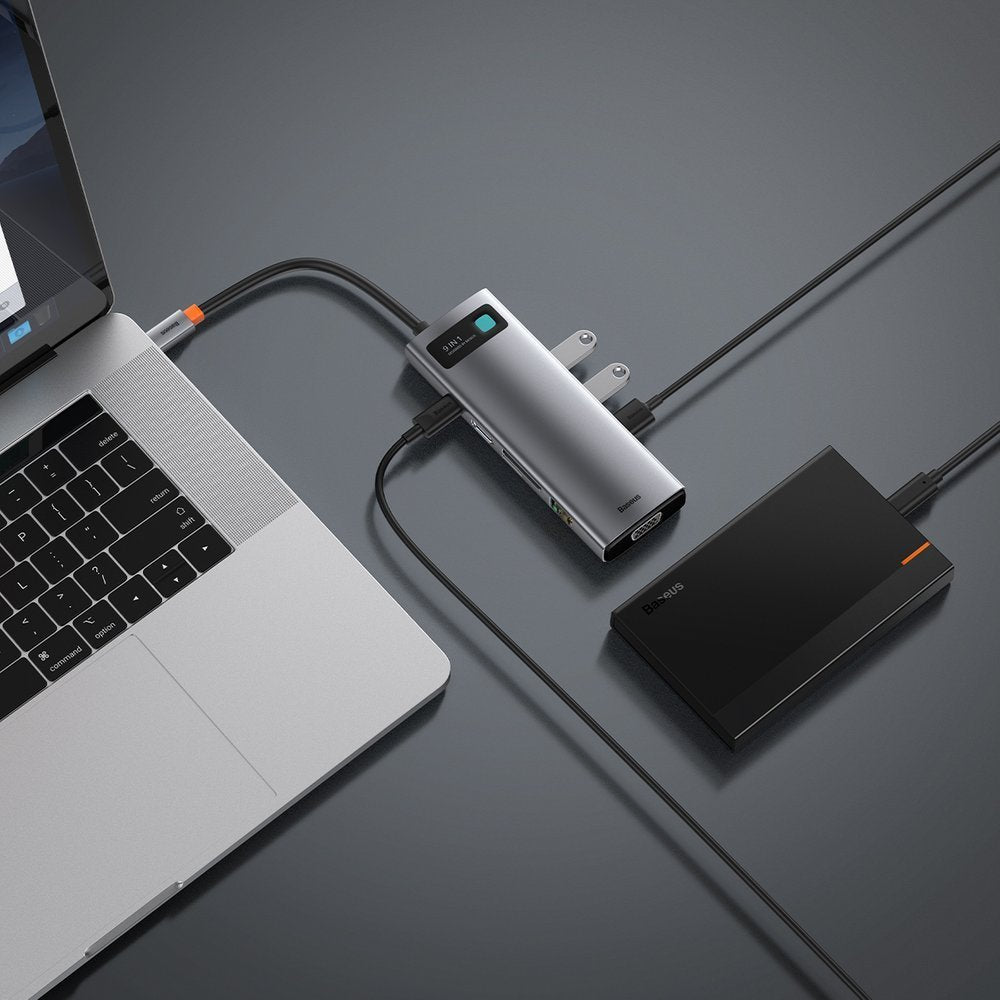 Hub USB-C Baseus, 3 x USB-A 3.0 - 1 x USB-C - 1 x HDMI - 1 x VGA - 1 x RJ45 - 1 x SD - 1 x microSD, Gris CAHUB-CU0G