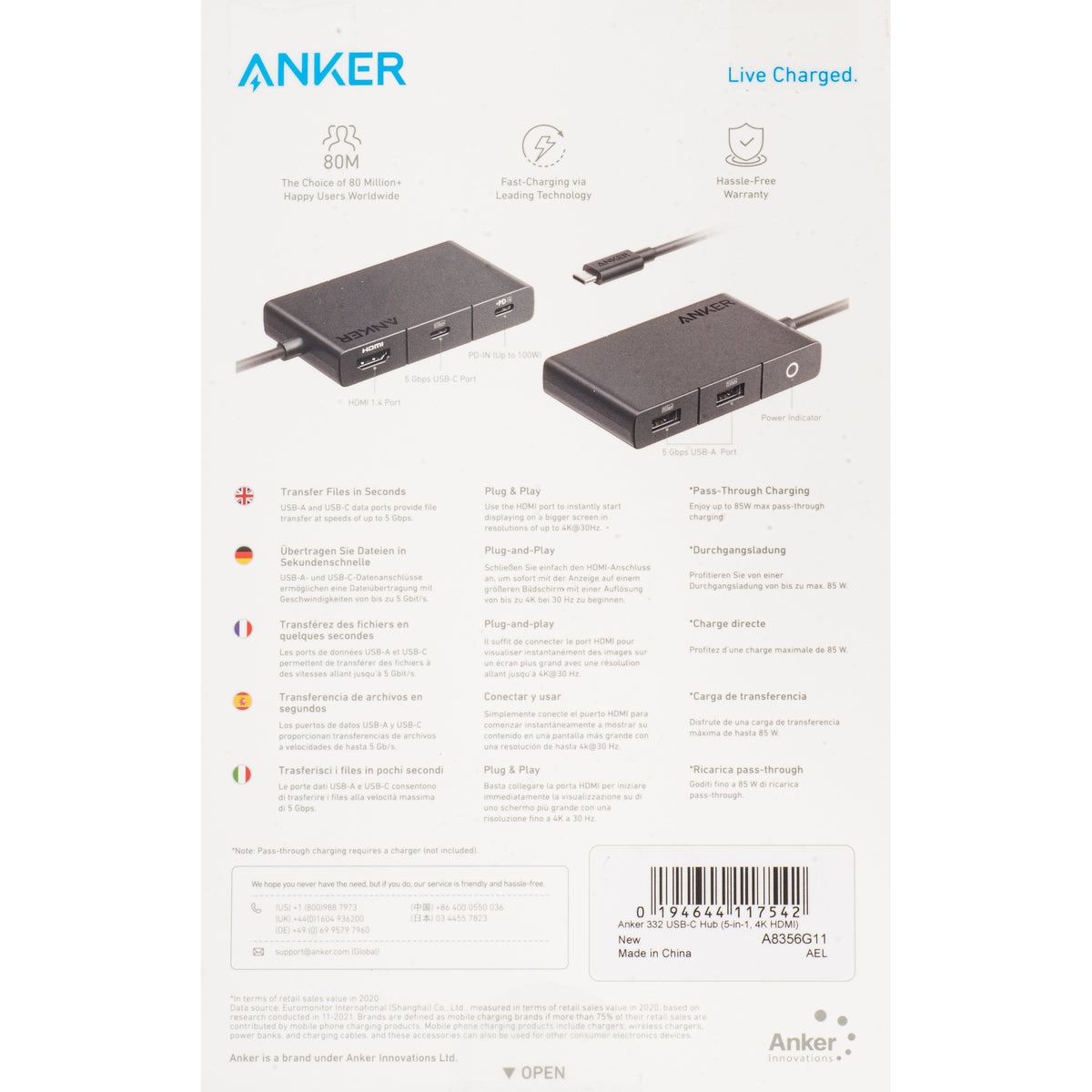 Hub USB-C Anker 332, 2 x USB-A - 2 x USB-C - 1 x HDMI, Negro A8356G11