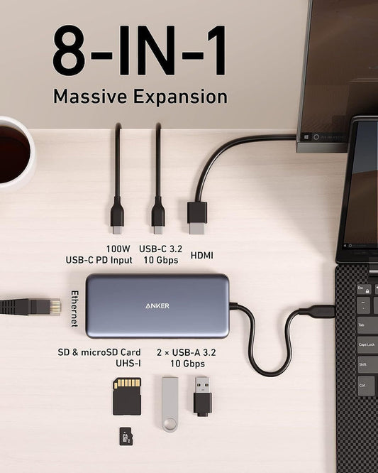 Hub USB-C Anker 555, 2 x USB-A 3.2 - 2 x USB-C - 1 x HDMI - 1 x RJ45 - 1 x SD - 1 x microSD, Gris A83830A2