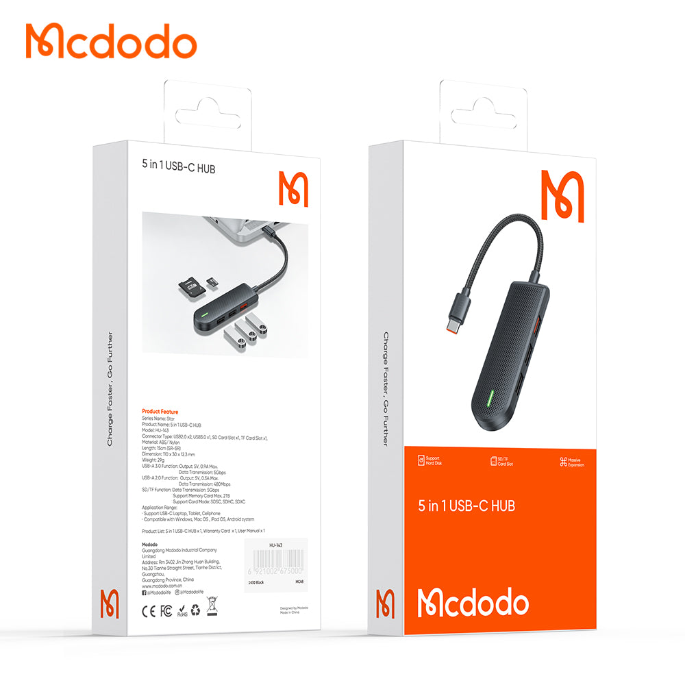 Hub USB-C McDodo HU-1430 Star, 5en1, Negro