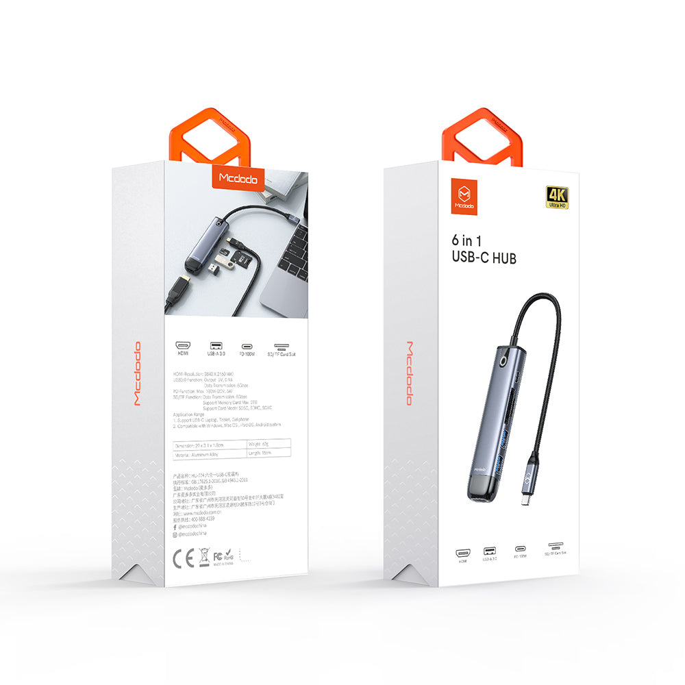 Hub USB-C McDodo HU-7740, 6 en 1, Gris