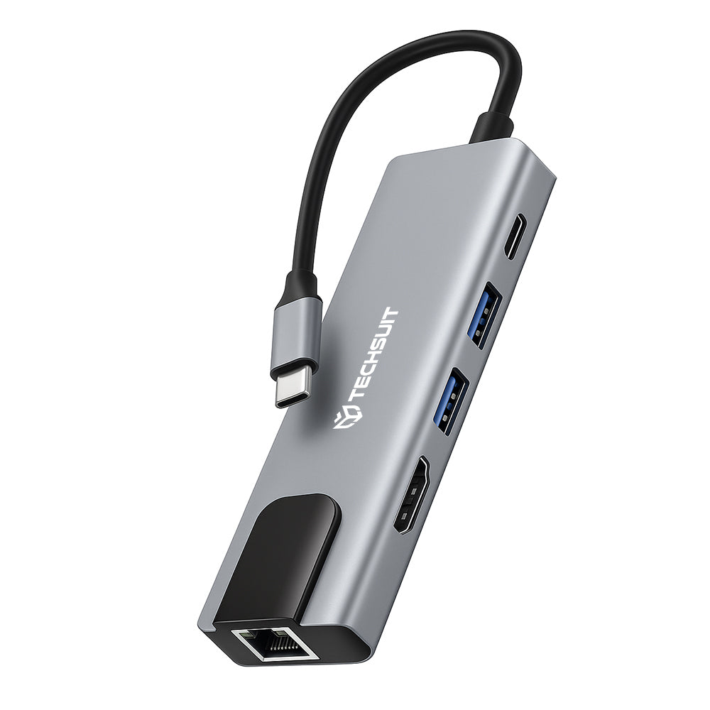 Hub USB-C Techsuit H1 NetBridge, 5 en 1, Gris