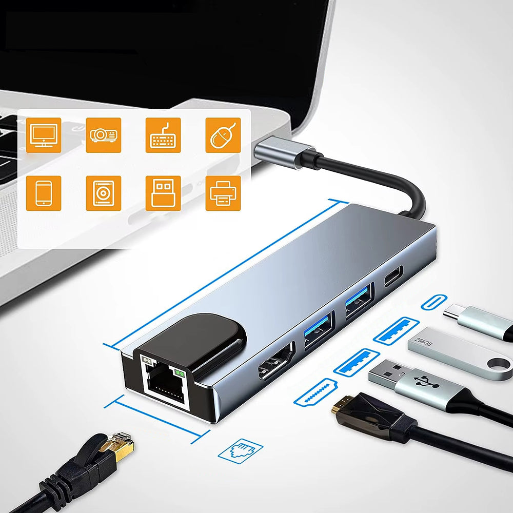 Hub USB-C Techsuit H1 NetBridge, 5 en 1, Gris