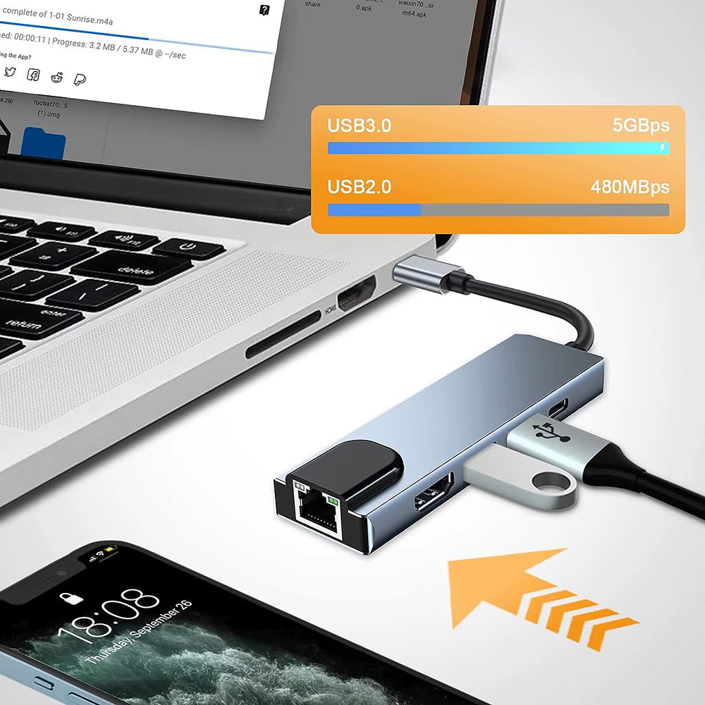 Hub USB-C Techsuit H1 NetBridge, 5 en 1, Gris