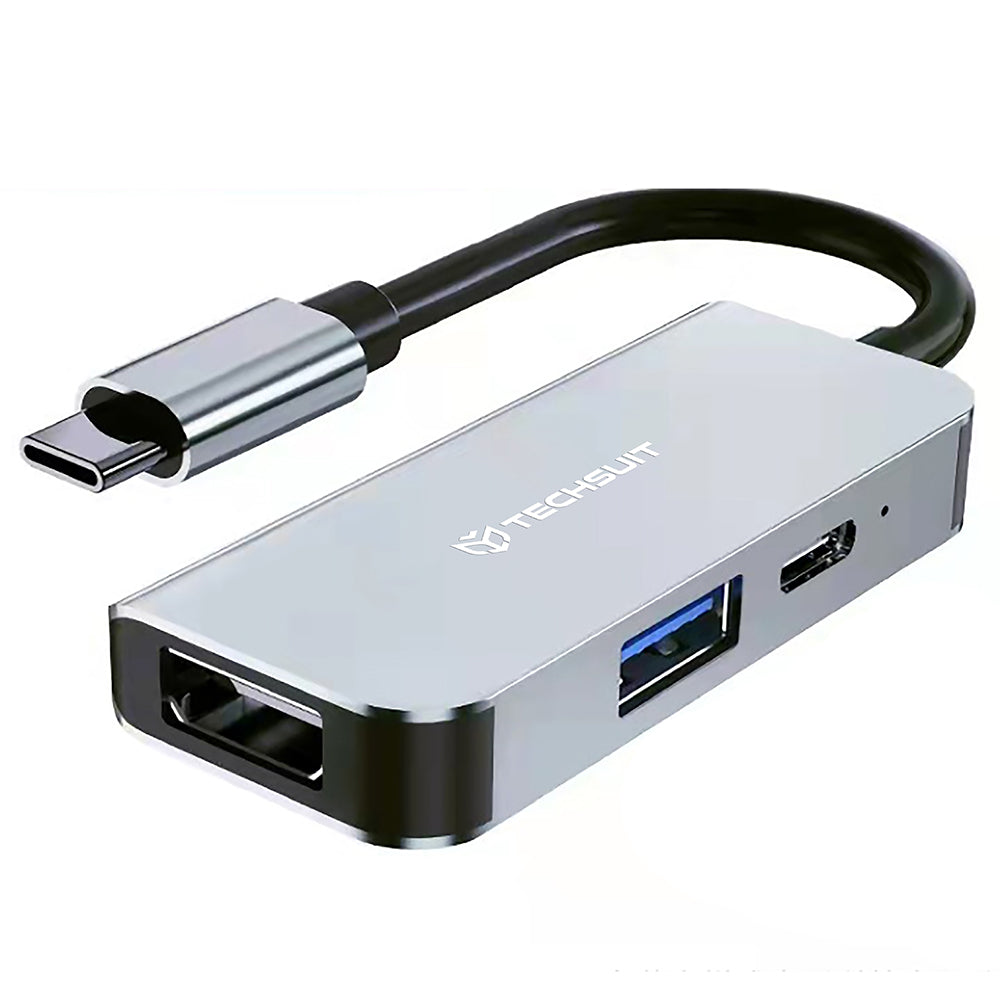 Hub USB-C Techsuit H4 TurboChargeX, 3 en 1, Gris