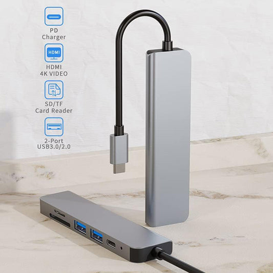 Hub USB-C Techsuit H5 TurboChargeX, 6 en 1, Gris