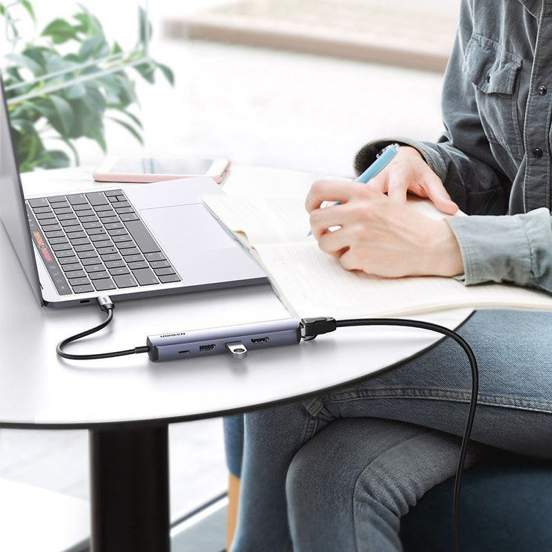 Hub USB-C UGREEN CM418 (10919), 2 x USB-A 3.0 - 1 x USB-C - 1 x HDMI - 1 x RJ45, Gris