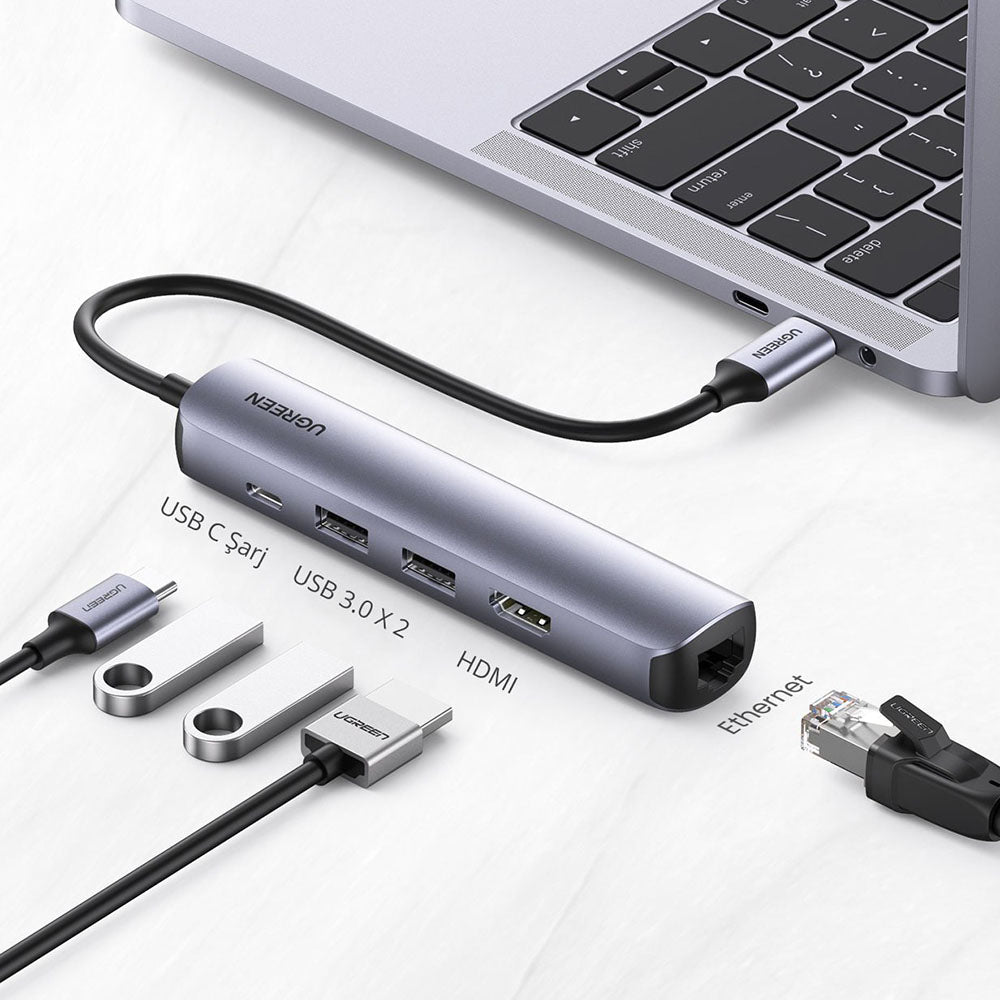 Hub USB-C UGREEN CM418 (10919), 2 x USB-A 3.0 - 1 x USB-C - 1 x HDMI - 1 x RJ45, Gris