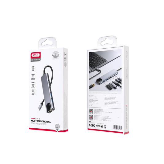 Hub USB-C XO Design HUB013, 1 x USB-A - 1 x USB-A 3.0 - 2 x USB-C - 1 x HDMI - 1 x RJ45, Gris