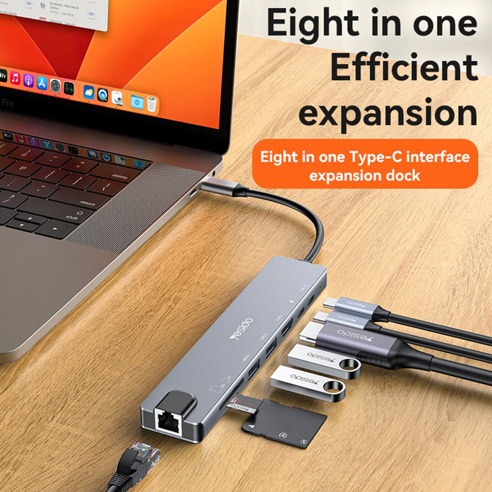 Hub USB-C Yesido HB27, 8 en 1, Gris
