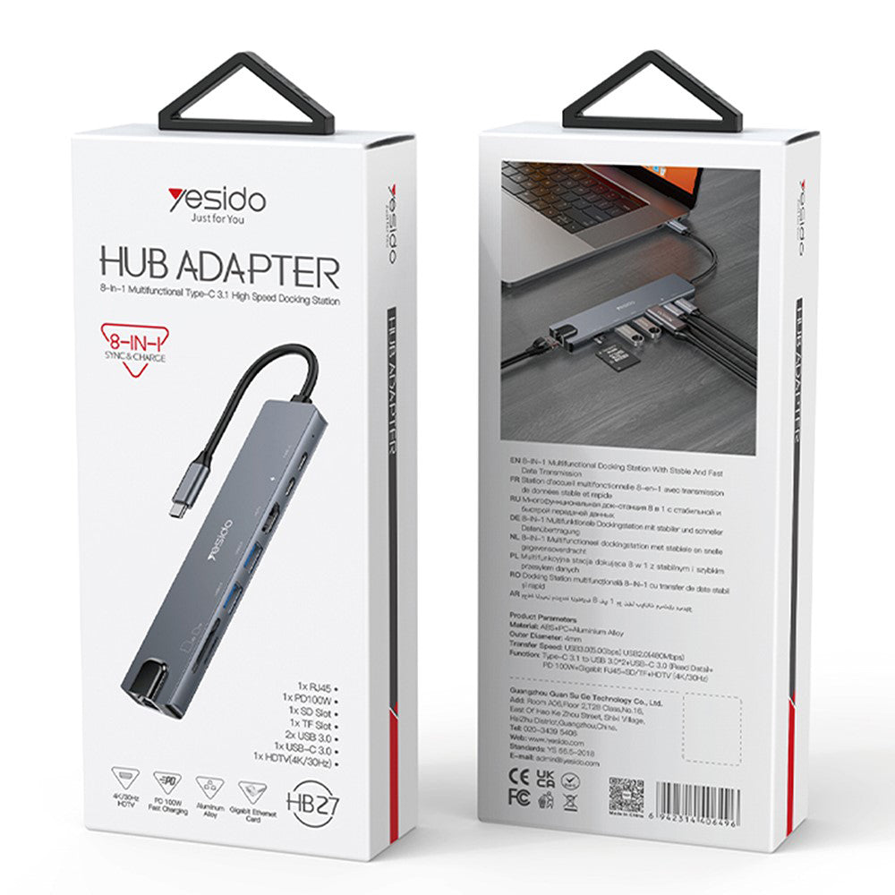 Hub USB-C Yesido HB27, 8 en 1, Gris