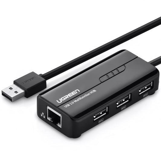 Hub USB UGREEN 20264, 3 x USB-A - 1 x RJ45, Negro