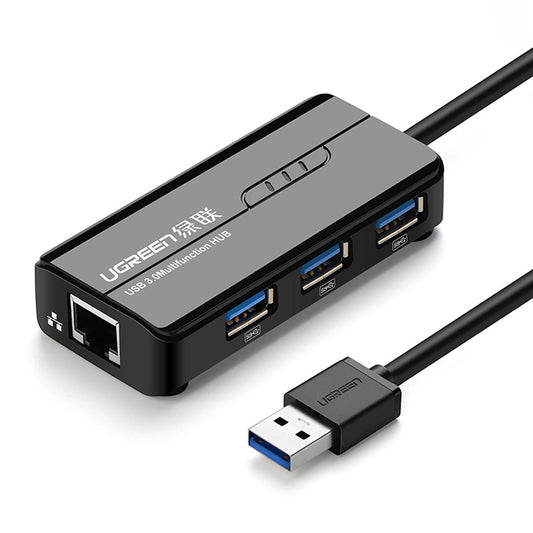 Hub USB UGREEN 20265, 3 x USB-A 3.0 - 1 x RJ45, Negro