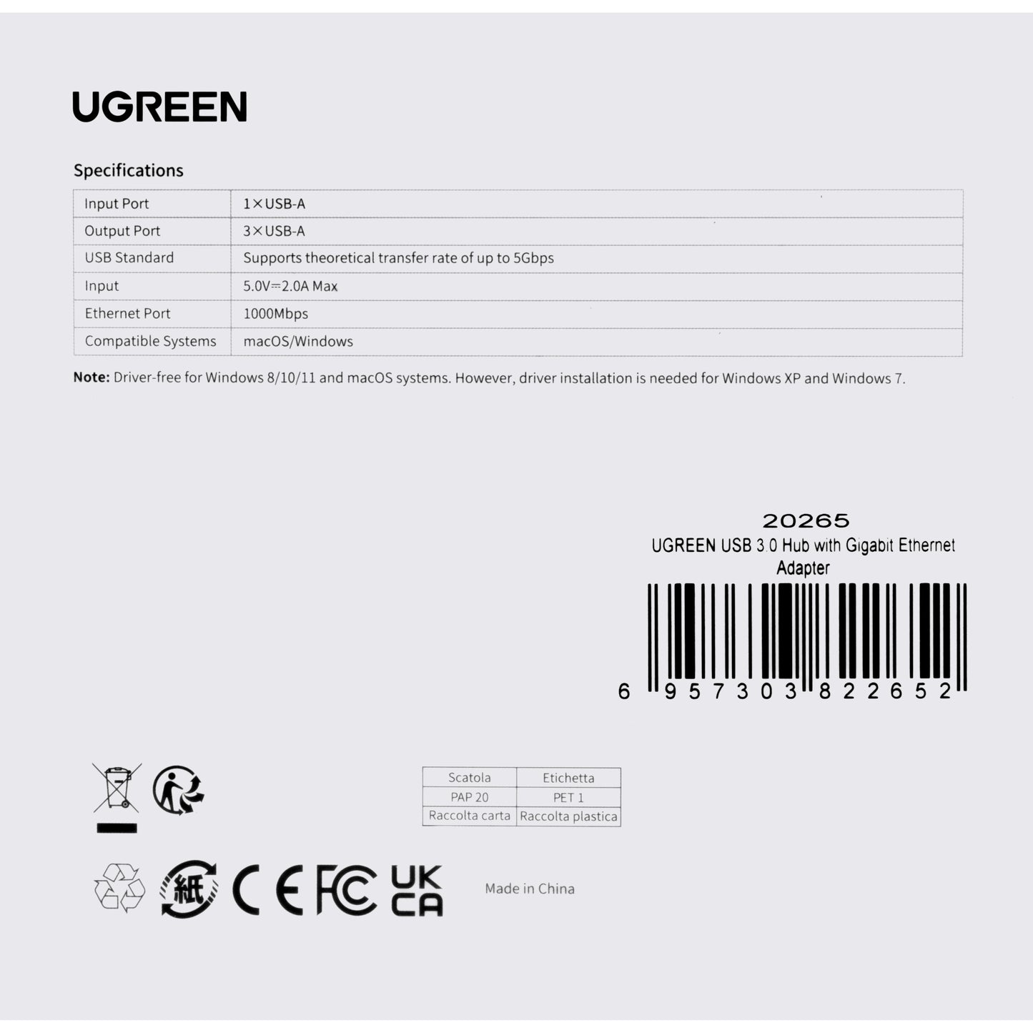 Hub USB UGREEN 20265, 3 x USB-A 3.0 - 1 x RJ45, Negro