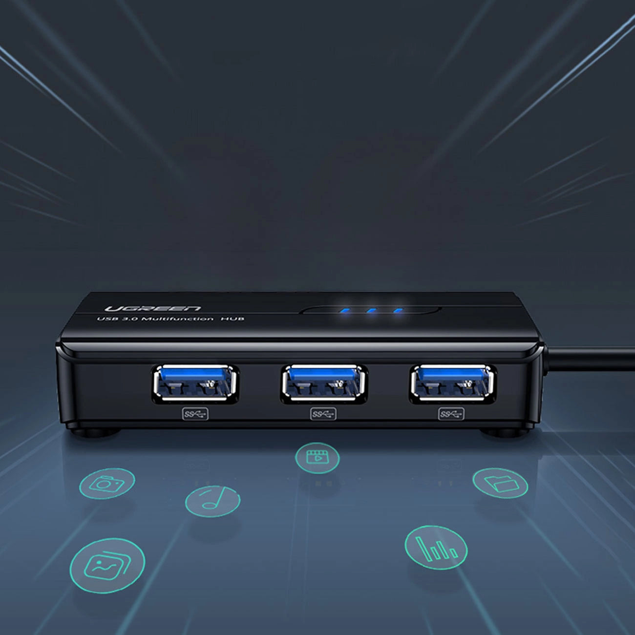 Hub USB UGREEN 20265, 3 x USB-A 3.0 - 1 x RJ45, Negro