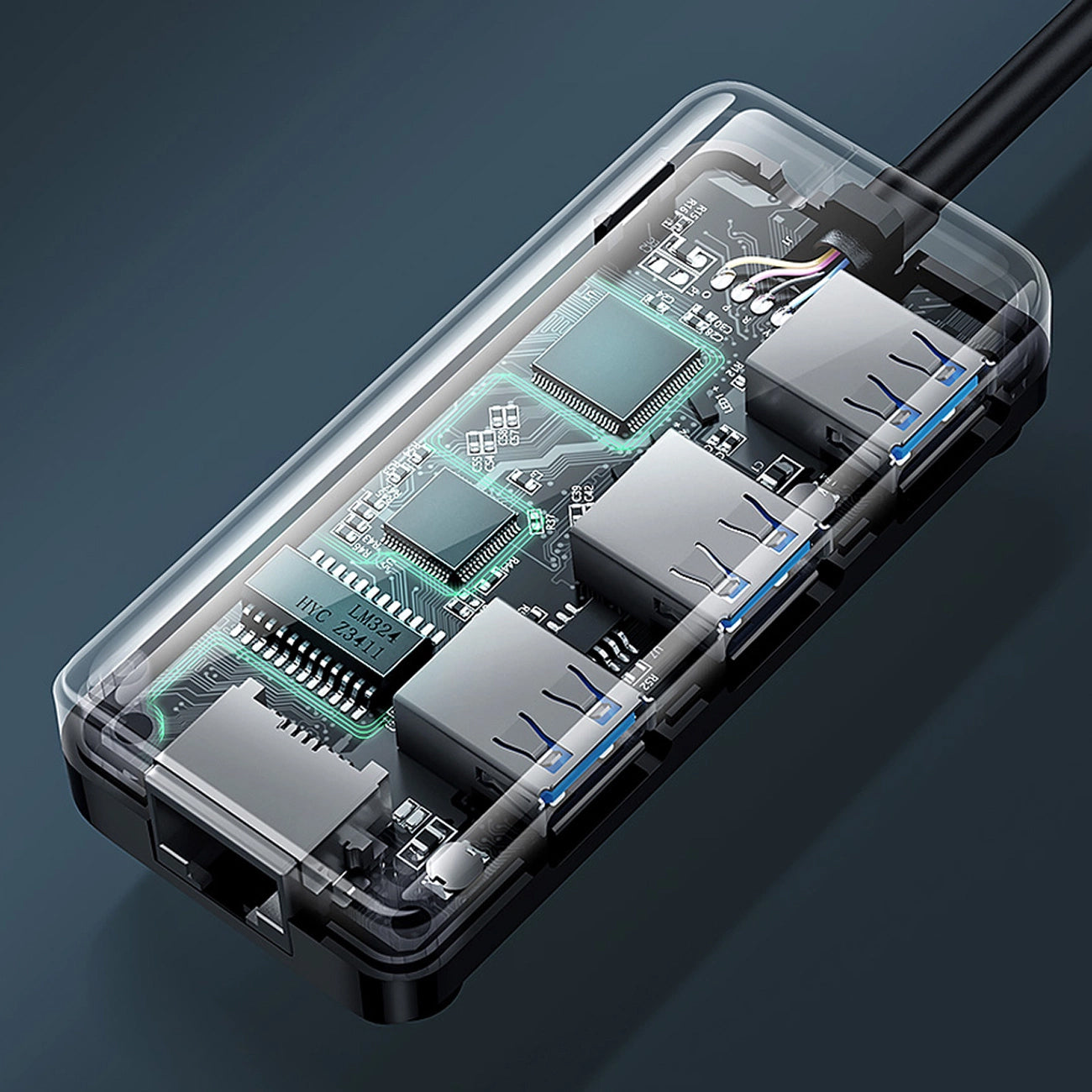 Hub USB UGREEN 20265, 3 x USB-A 3.0 - 1 x RJ45, Negro