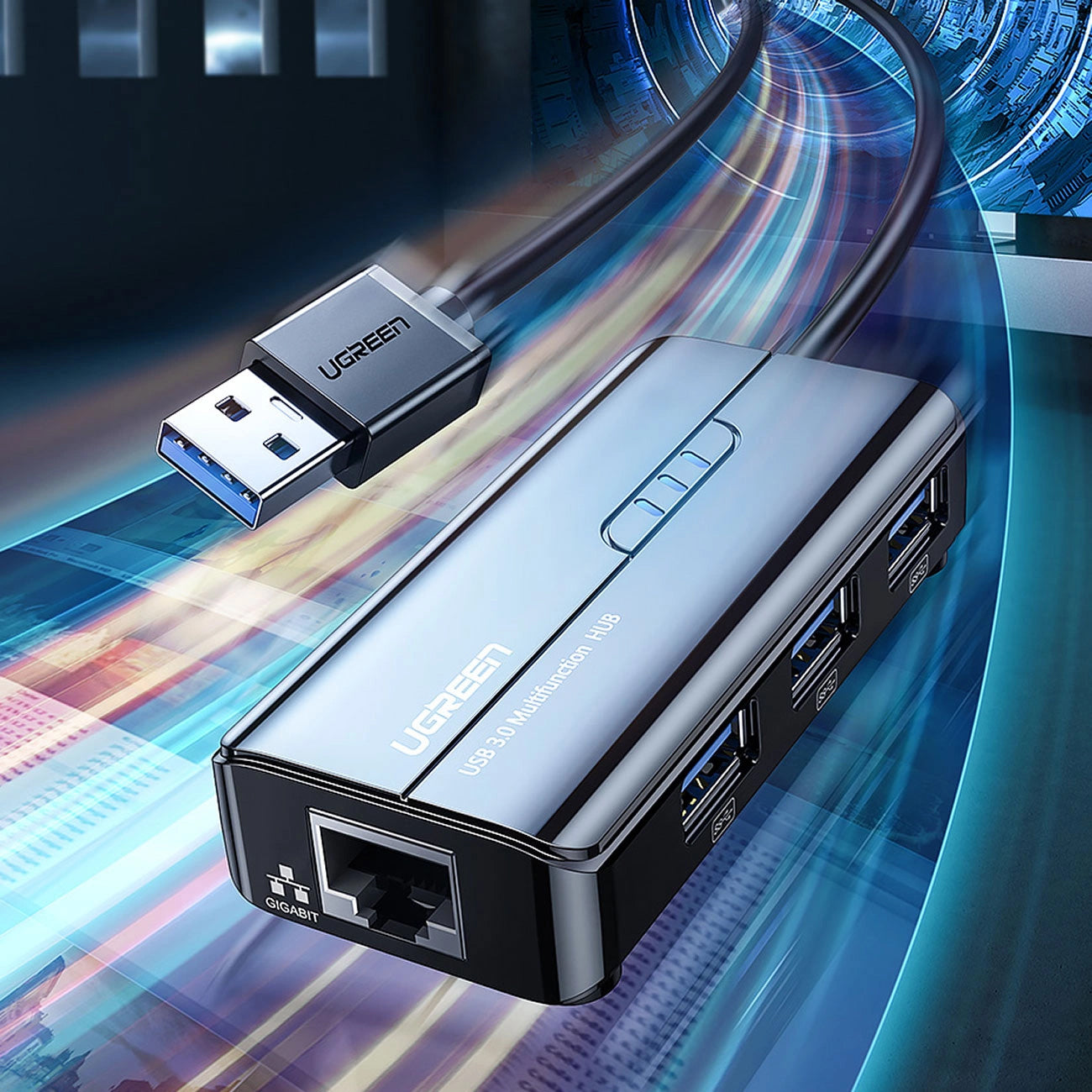 Hub USB UGREEN 20265, 3 x USB-A 3.0 - 1 x RJ45, Negro