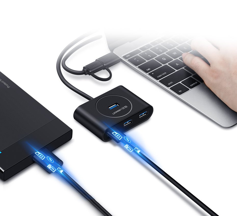 Hub USB UGREEN CR113, 4 x USB-A 3.0, 1m, Negro