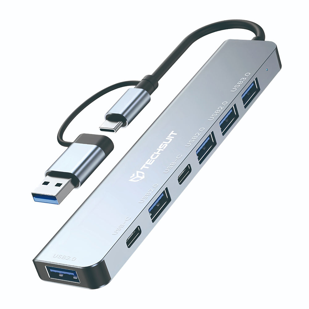 Hub USB / USB-C Techsuit H6 DataBridge, 7 en 1, Gris