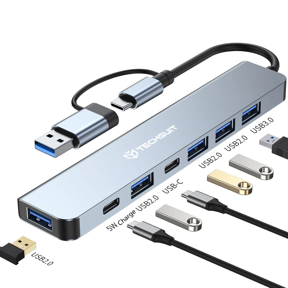 Hub USB / USB-C Techsuit H6 DataBridge, 7 en 1, Gris