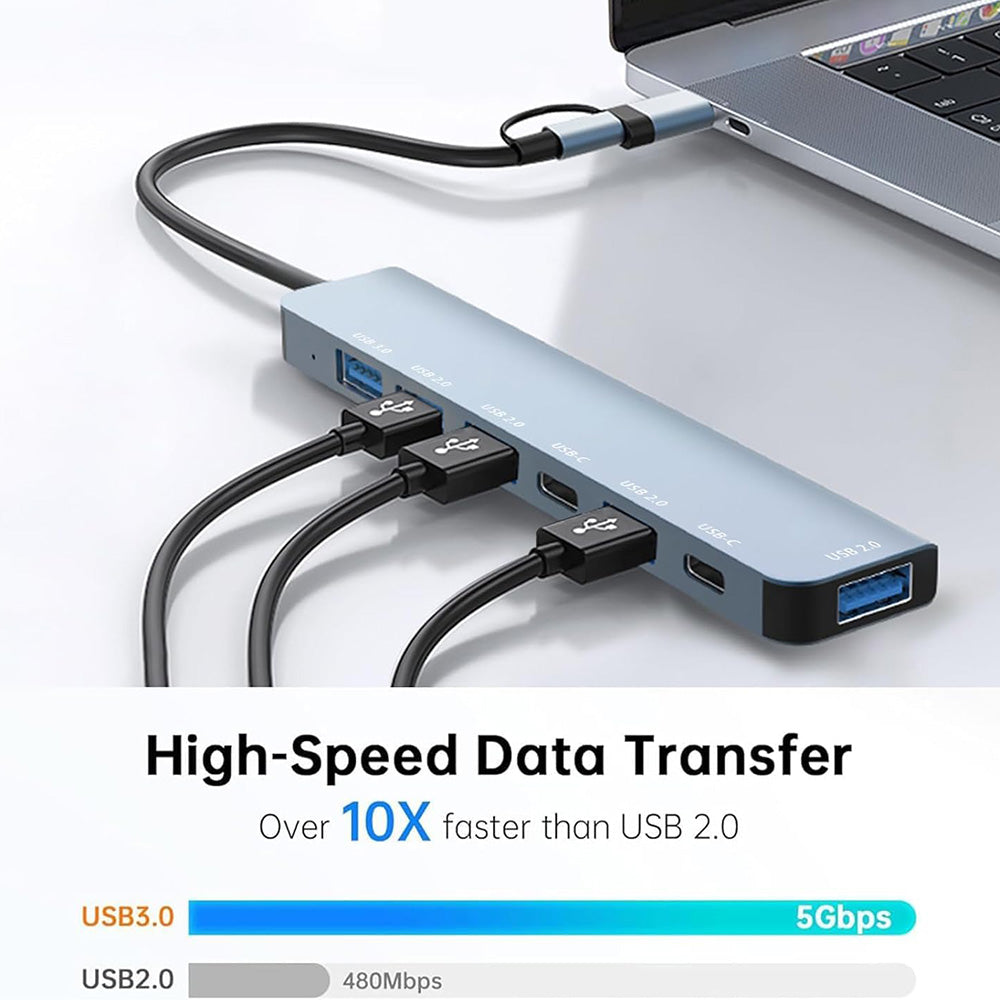Hub USB / USB-C Techsuit H6 DataBridge, 7 en 1, Gris