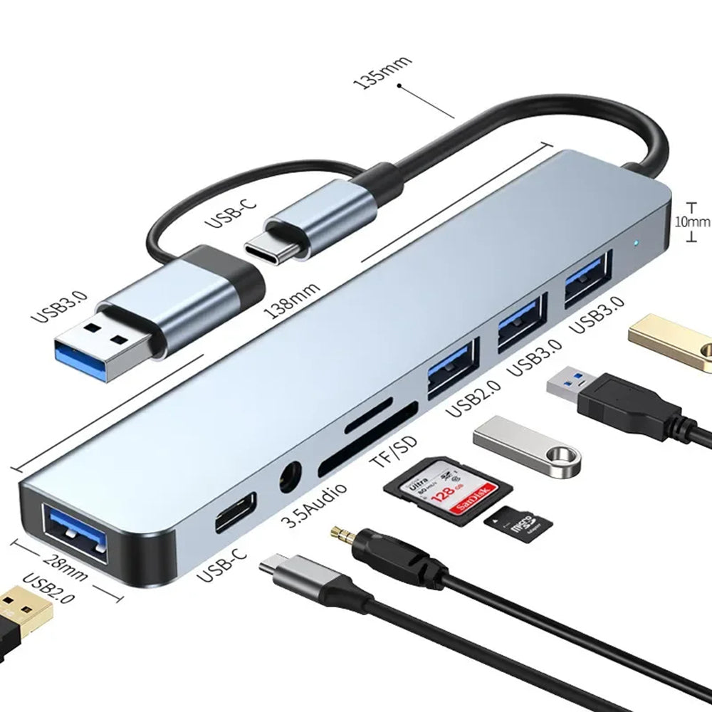 Hub USB / USB-C Techsuit H9 DataBridge, 8 en 1, Gris