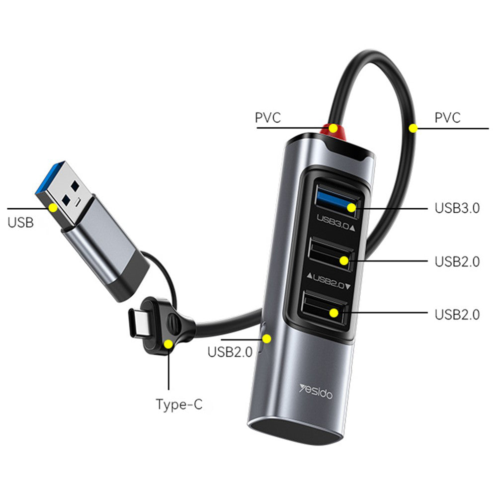 Hub USB / USB-C Yesido HB19, 4 en 1, Gris