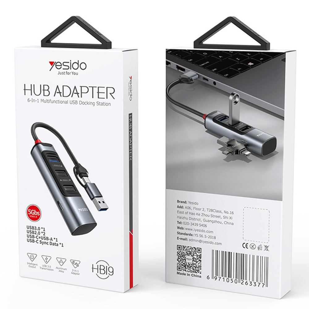 Hub USB / USB-C Yesido HB19, 4 en 1, Gris