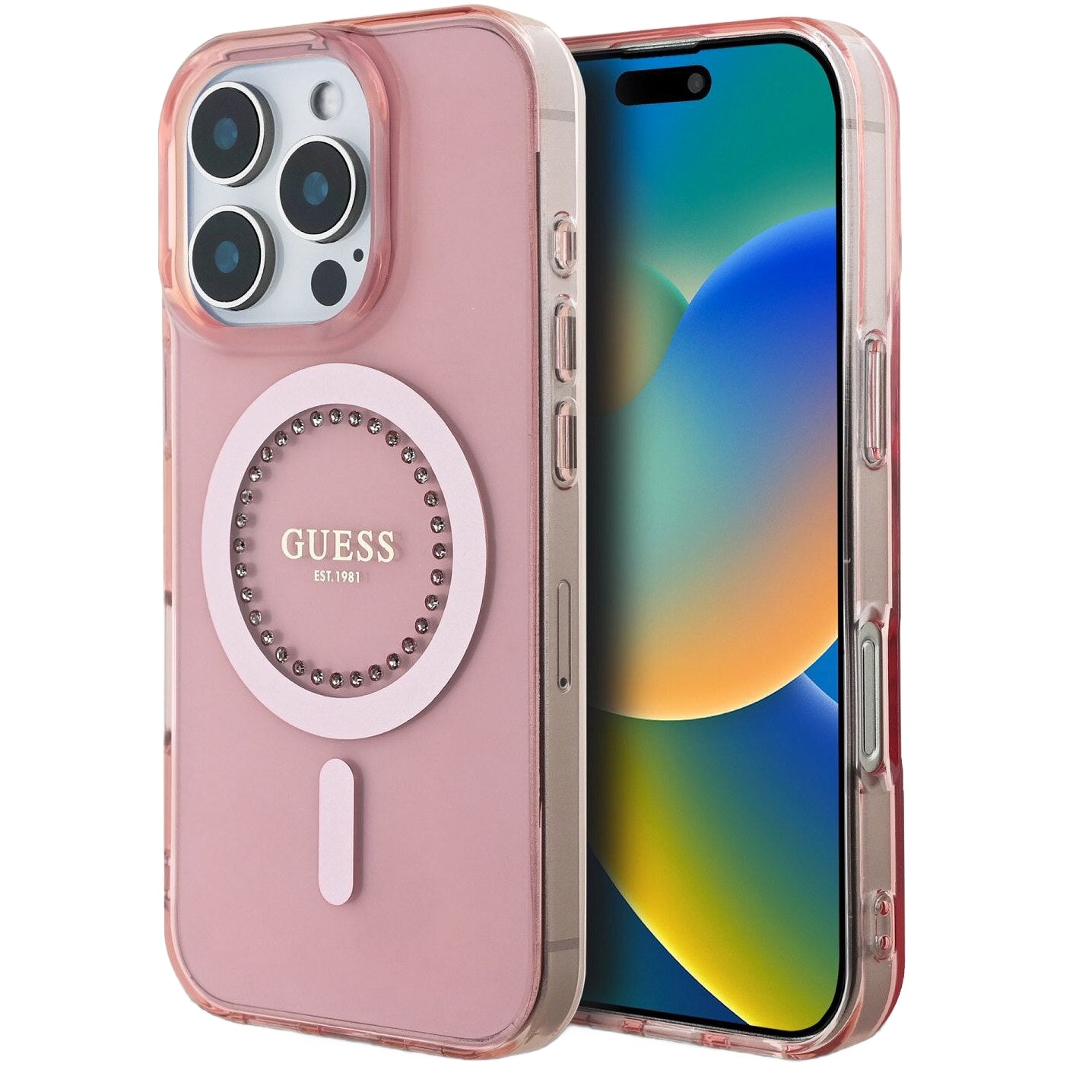 Funda MagSafe para Apple iPhone 16 Pro Max, Guess, IML Rhinestones Ring, Rosa GUHMP16XPFTDTEP